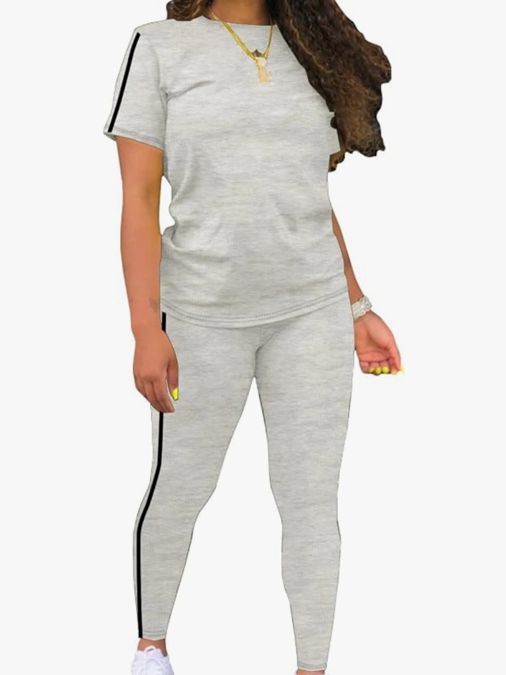 Light Gray Women's Two-Piece short sleeve Athletic Set with Black Stripes sz Med